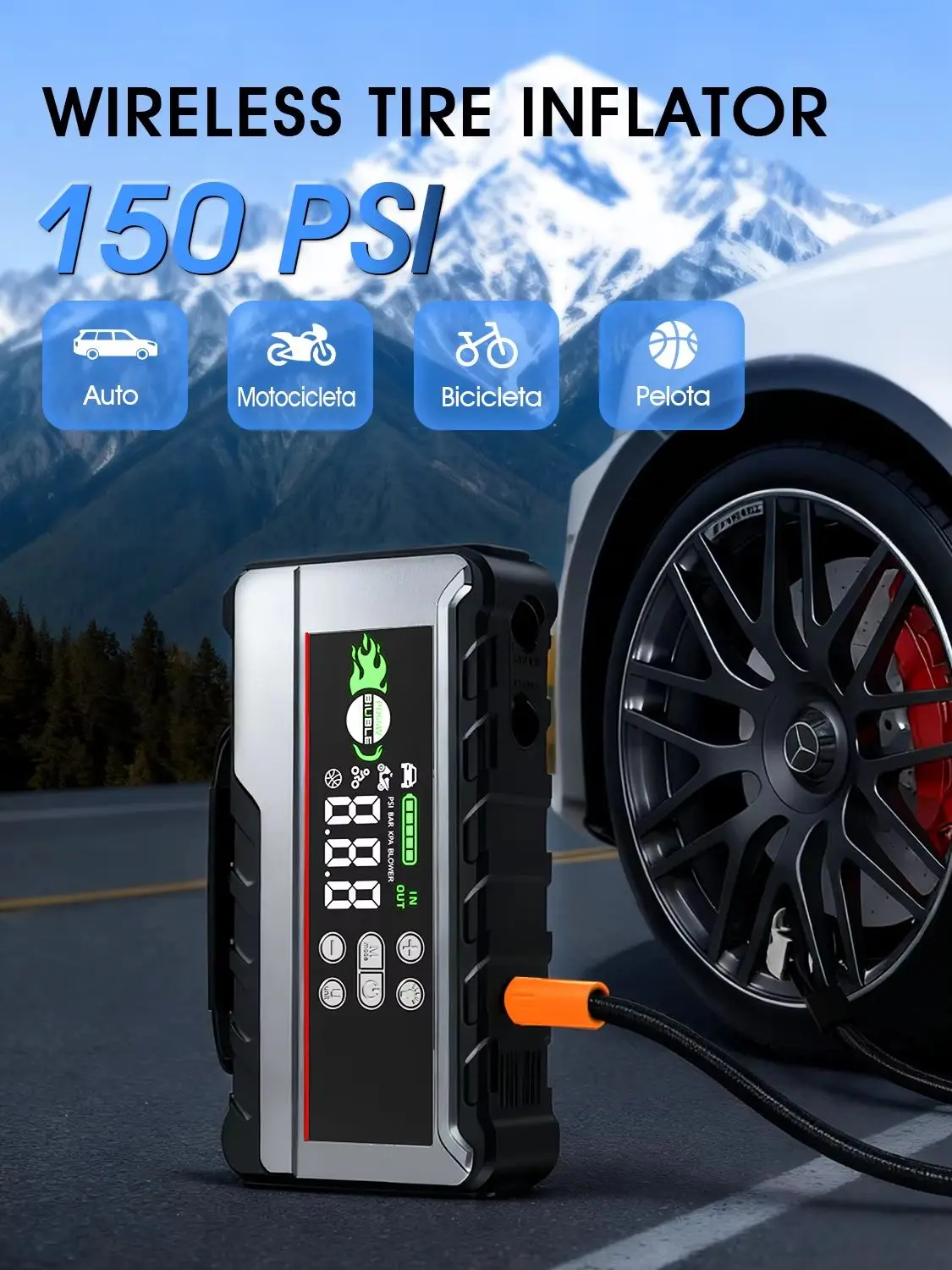 150 PSI Luftkompressor, Autoreifen-Luftkompressor, Batterie-Starthilfegeräte, 1500A Spitzenstrom Auto-Starthilfegerät, tragbarer Starter geeignet für ALLE 10L Dieselmotoren, tragbarer Reifenfüller &