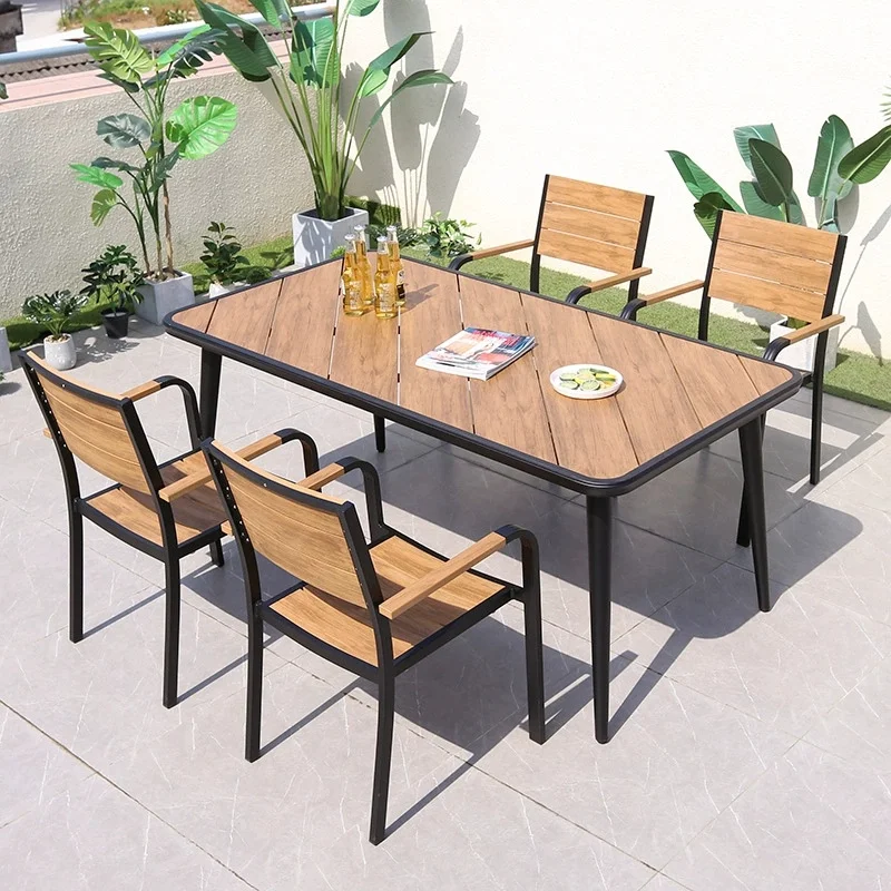 Modern Outdoor Patio Dining Set with 4 Armchairs and Round Table Aluminum Frame Plastic Wood Furniture Garden Balcony Furniture