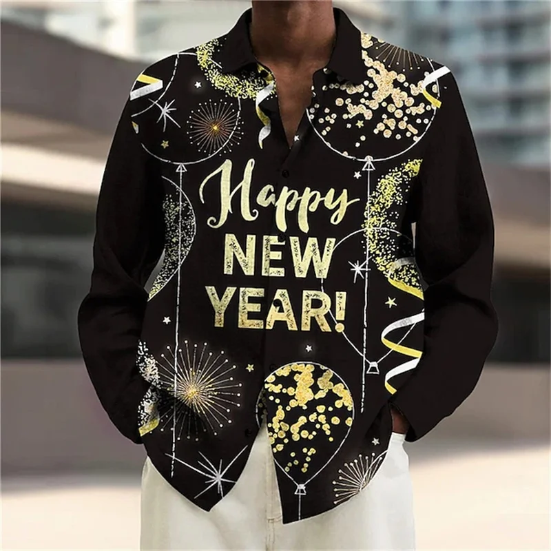 3D Printed Happy New Year Hawaiian Shirts Men Fireworks Balloon Pattern Aloha Shirts Casual Loose Long Sleeve Lapel Tops Blouse