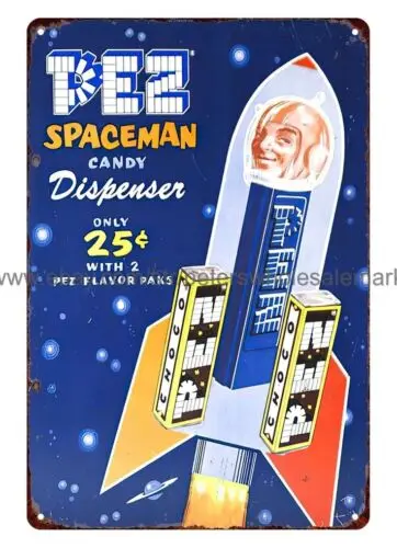 Man cave wall art sala de estar Pez spaceman dispensador de dulces, letrero de lata de metal