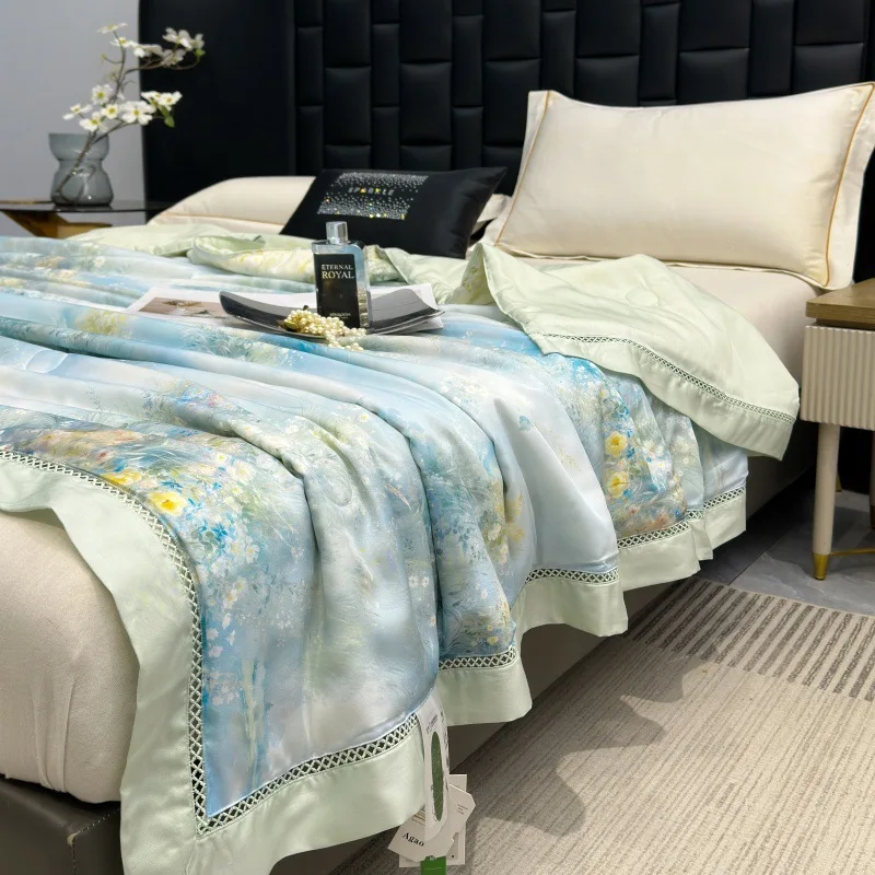 Summer 100S Lyocell Fiber Cooling Quilt High End Silky Naked Sleep Printed Comforter Luxury Soft Double Thin Blanket for Bed