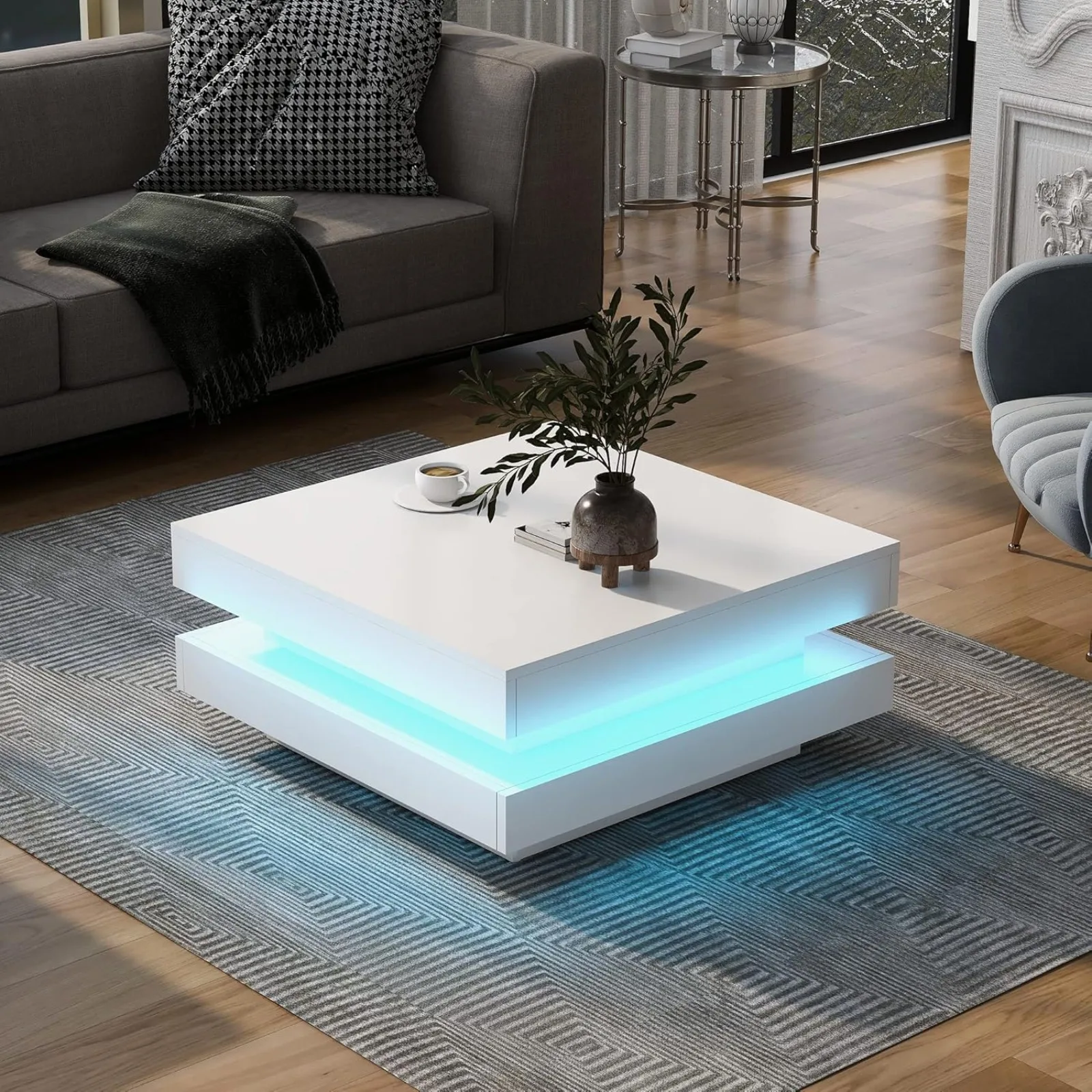 

US White LED Coffee Table, 2 Tier Square Coffee Table, High Gloss Coffee Table with 16 Colors LED Lights & Remote Control,Modern