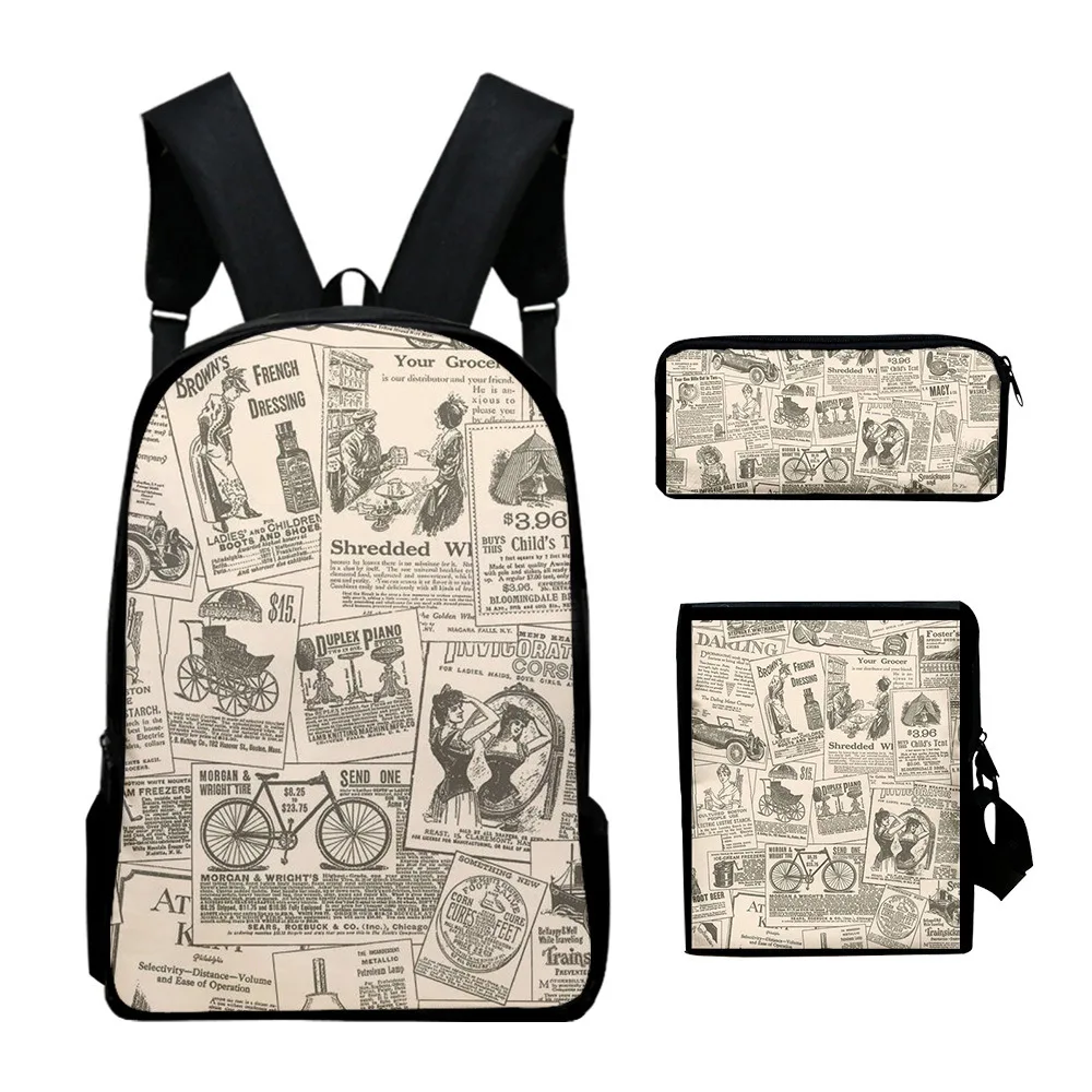 

Classic Novelty Vintage newspaper 3D Print 3pcs/Set pupil School Bags Laptop Daypack Backpack Inclined shoulder bag Pencil Case