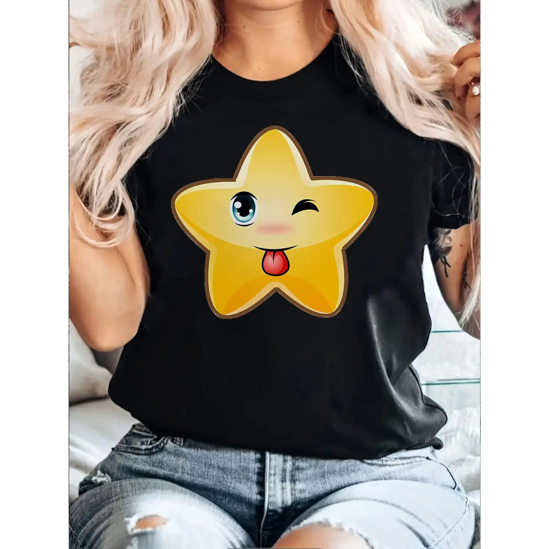 

Women's White Casual Short Sleeve T-Shirt With Yellow Star & Blue Eyes Graphic Print, Round Neck Summer Top, Machine Washable