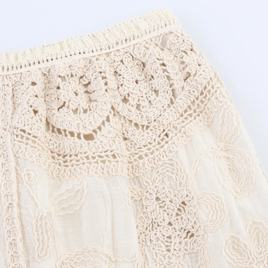 Women Bohemian Beige Crochet Lace Tassel Fringed Maxi Skirt for Vacation and Casual Styling