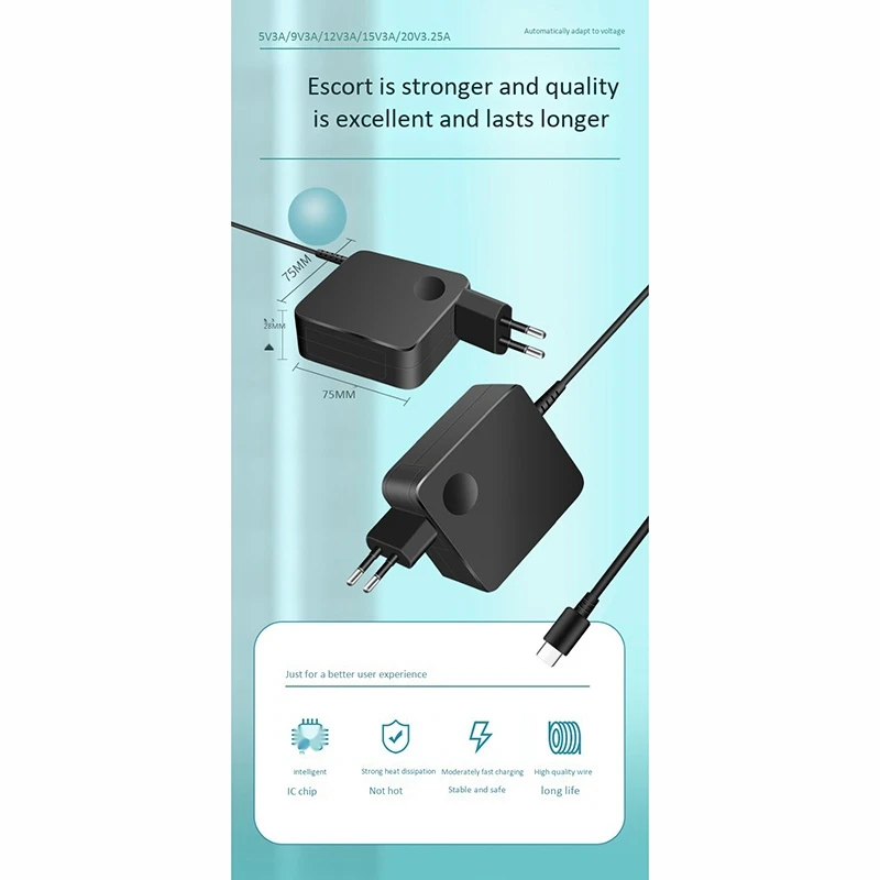 Adattatore di alimentazione 65W 20V/3.25A adattatore di alimentazione quadrato di tipo C da 1.8M per Lenovo R480, E480, E580, X280, X390 T480 T490 (spina ue)