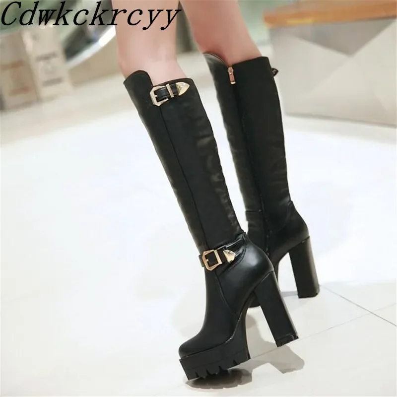 winter New pattern fashion Round head black sexy High-heeled knight Boots Add wool Keep warm Fine heel Women Boots size 34-43