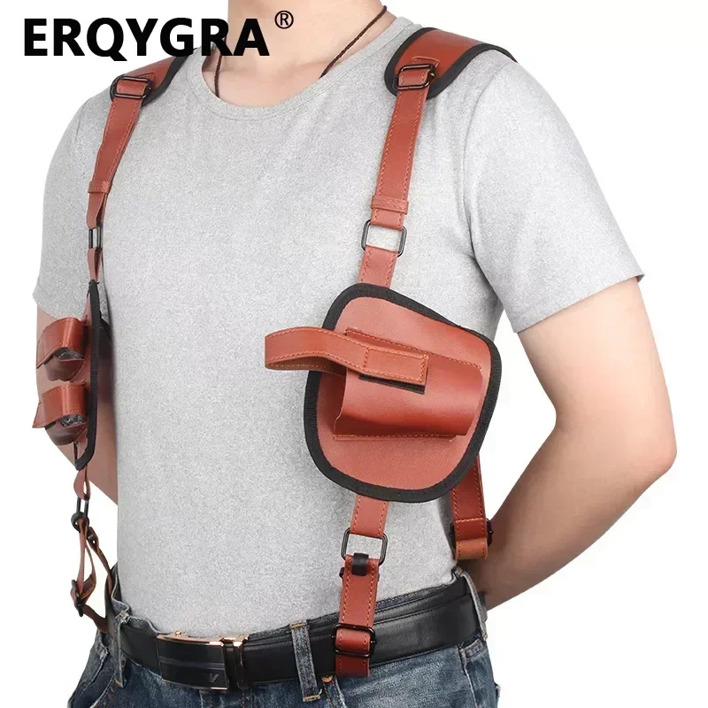 ERQYGRA Tactical Hunting PU Leather Holsters Double Shoulder Storage Chest  Bag Sport Outdoor Glock17 Multifunctional Shooting