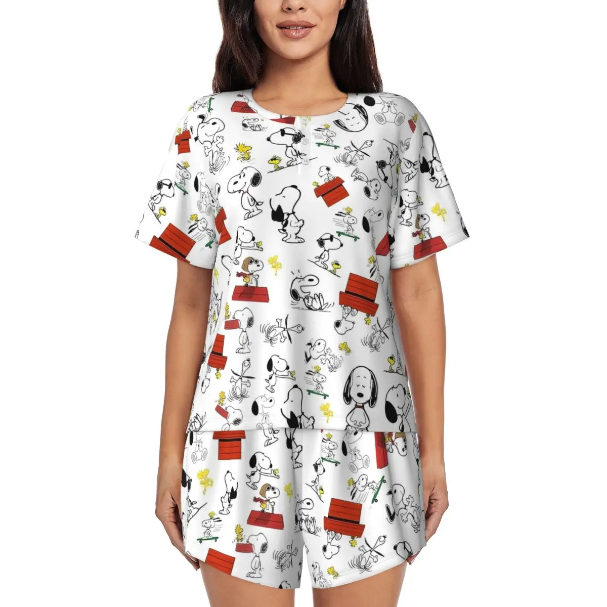 

Женский пижамный комплект с рисунком собаки в стиле манга Снупи Вудсток, комплект из 2 предметов, одежда для сна с короткими рукавами, домашняя одежда, пижамные шорты, комплекты