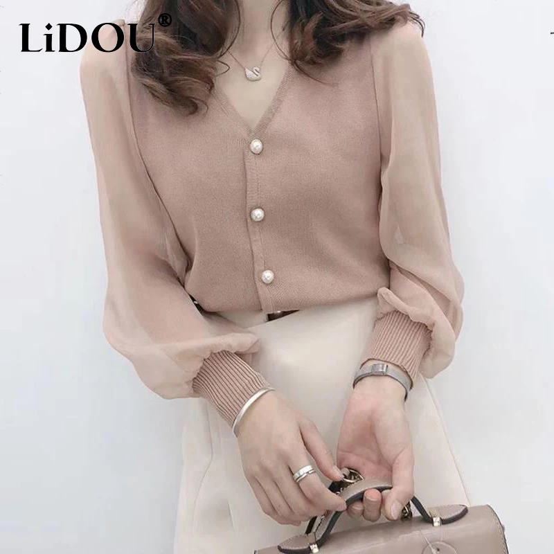 Spring Autumn New Elegant Fashion Buttons Cardigan Shirt Ladies Long Sleeve Sweet Top Women Slim All-match Blouse Female Clothes