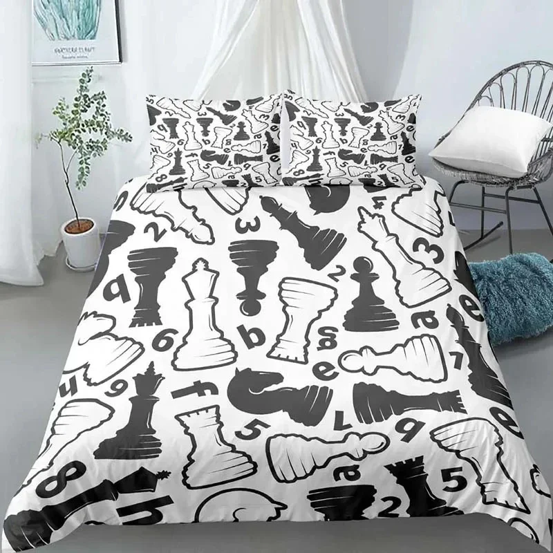 Chess Board Duvet Cover Set 3D Print International Chess Black White Comforter Cover for Boys Girls Polyester Bedding Set