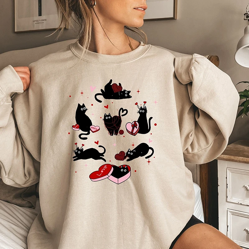 Sudadera de gato negro de San Valentín, regalo para amantes del gato negro, sudaderas con capucha informales de moda para mujer, sudaderas con estampado de corazón de amor y gatito de San Valentín