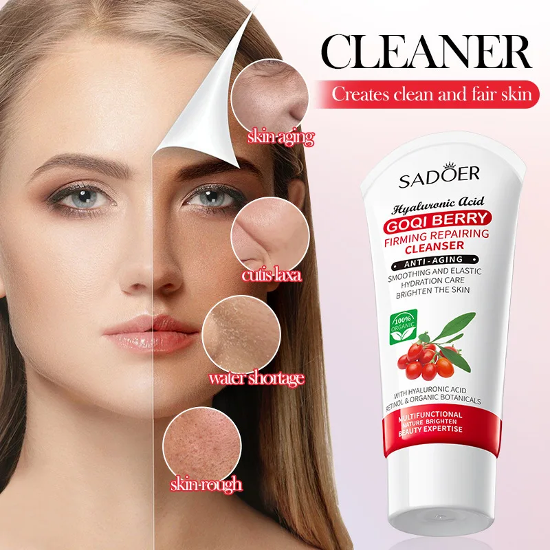 O limpador facial reparador Goji Berry remove cravos, limpa profundamente, reduz os poros, controla suavemente a oleosidade e remove acne.