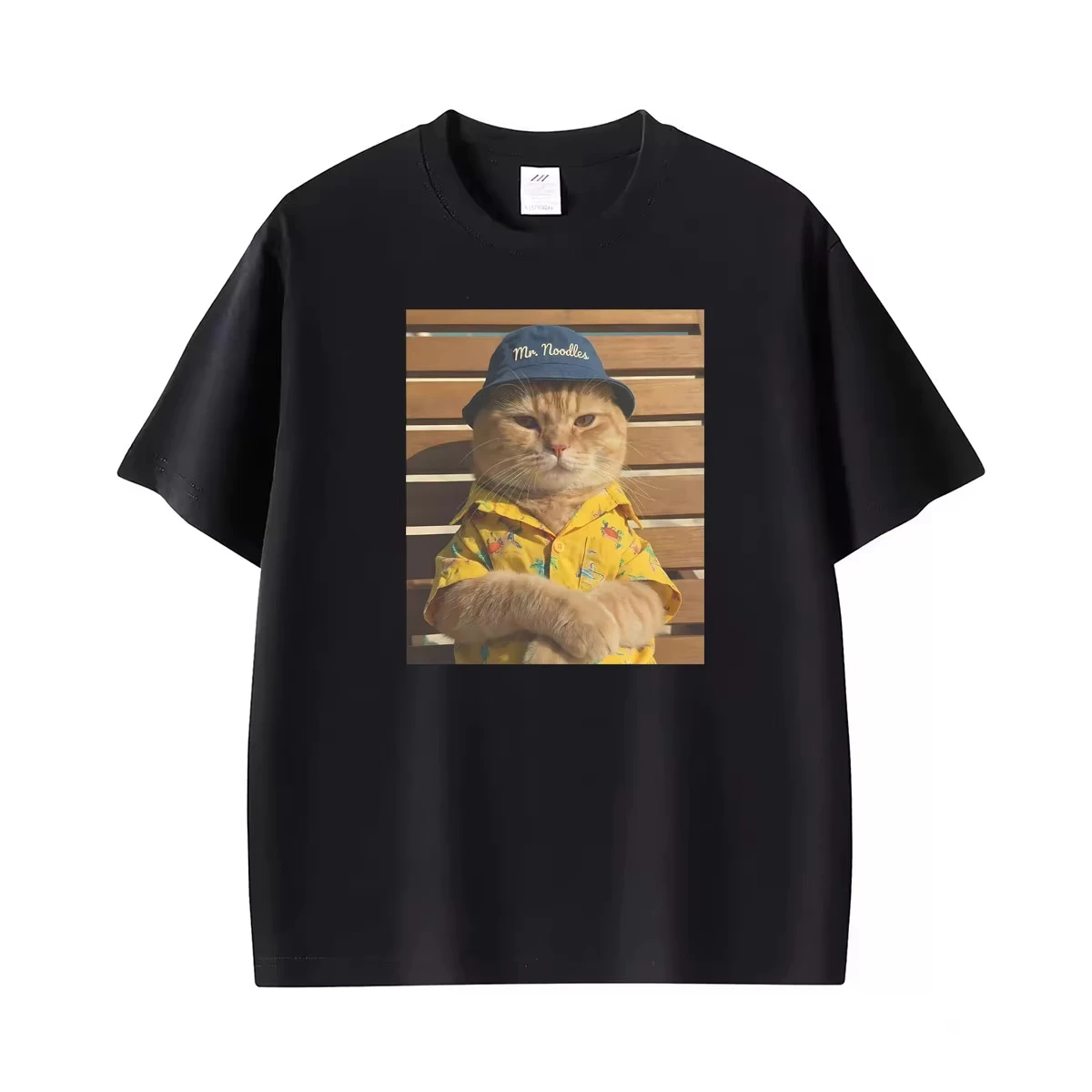 Mr. Noodle Cat in Bucket Hat Funny Kitty Photo T Shirts Unisex Retro Short Sleeve T-shirt Women Clothing Casual Oversized TShirt
