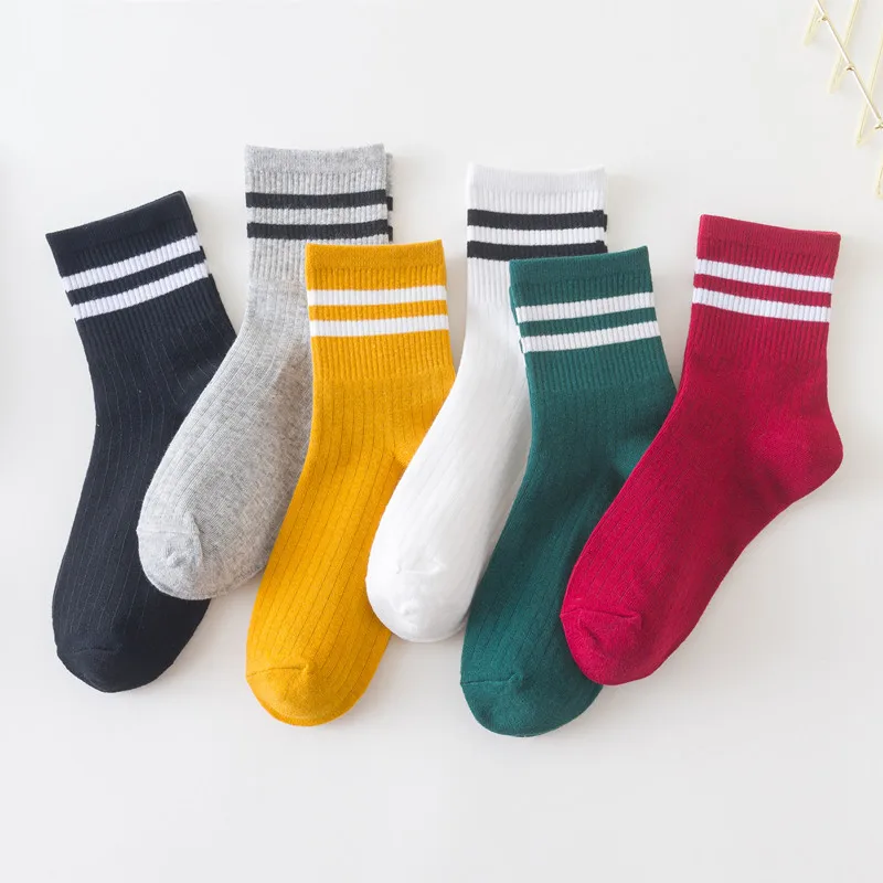 New Spring/summer Women's Mid-tube Socks Japanese Two Stripes Striped Socks Retro Sweat Absorbent Casual Cotton Socks