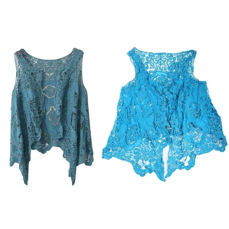 652F Women Sleeveless Open Front Cardigan Boho Hollow Out Crochet Lace Color Vest Drape Asymmetrical Hem Hippie Shawl