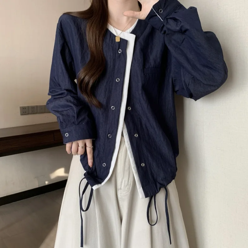 Women Jackets Solid Coats Casual Pocket Round Neck Long Sleeves Loose Fit Single Breasted Two Piece Illusion Top 2025 Autumn