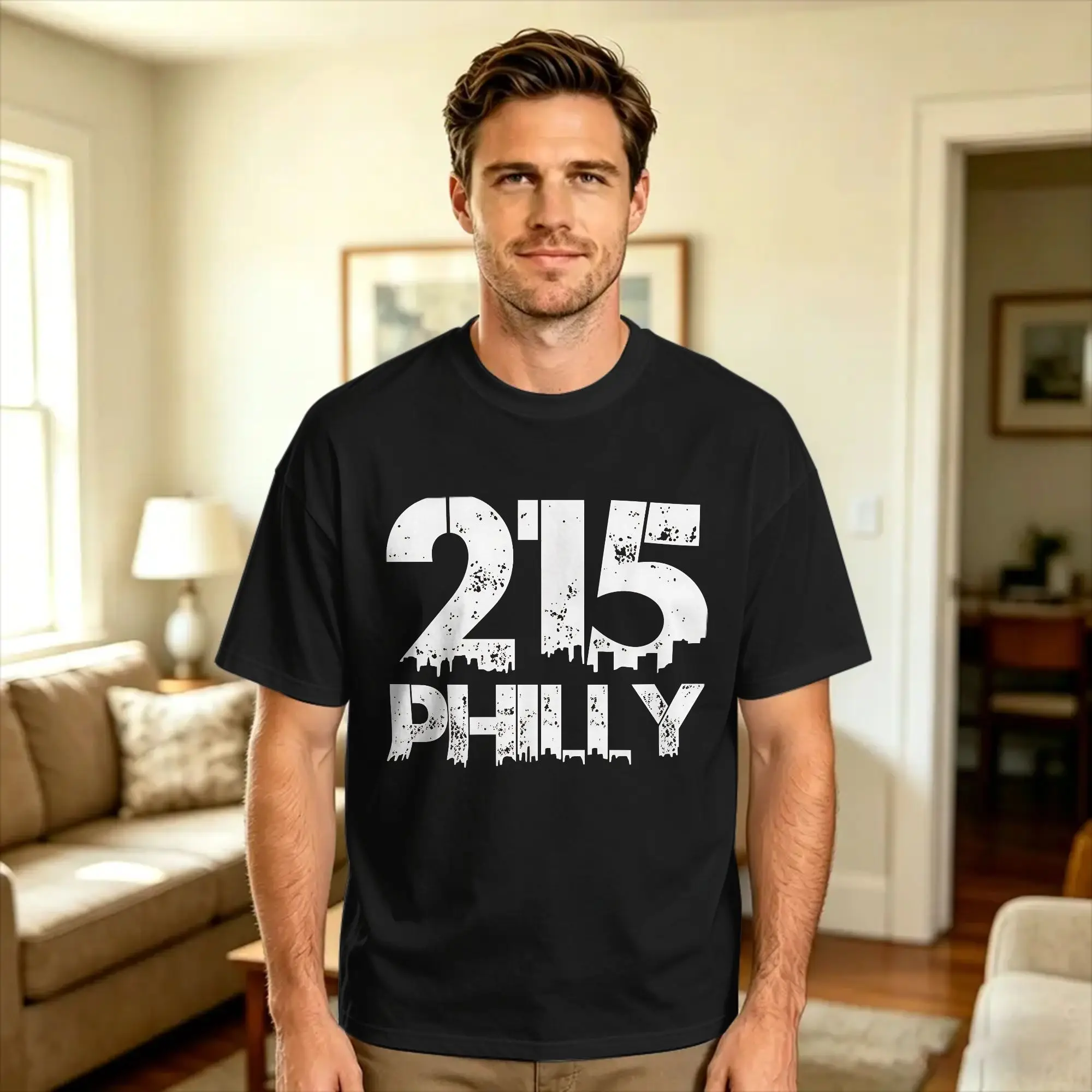 Philadelphia Philly 215 Area Code Distressed Gritty T-Shirt Summer  Leisure T Shirts 100 Cotton Breathable 4XL 5XL 6XL Clothing
