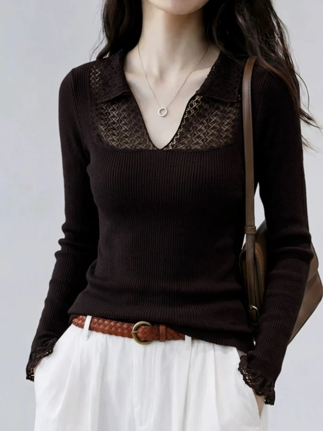 Korean Style Lace Splice V-neck Knitted Slim Fit Women's Base Shirt Autumn  Neck High-grade Sensation Sweater Inner Wear Top