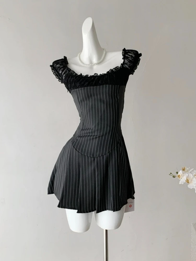 France Elegant Sexy Stripped Lace Pleat Dress Women Mini Short Sleeve Patchwork  A-line Dress Summer Y2k Chic Retro Party Dress