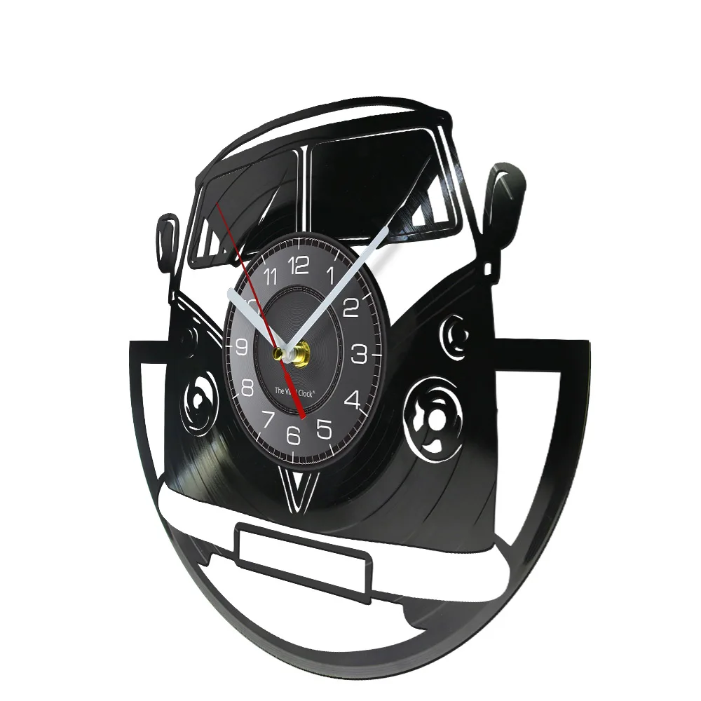 Minibus Vintage Vinyl Record Wall Clock Van Vehicle Traveling Car Laser Etching Wall Watch Home Decoration with LED Light Crafts