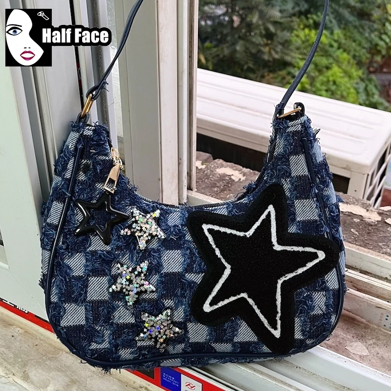 

Y2K Girls Harajuku Gothic Underarm Handbag Premium Design Denim Patchwork Five-star Lolita One Shoulder Punk Womens Bags Tote