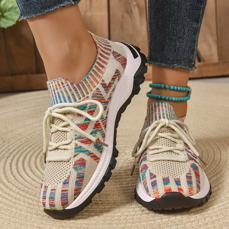 

Ladies Shoes 2025 Outdoor Knitted Women's Vulcanize Shoes Breathable Women Sneakers Mixed Colors Low Heel Lace Up Casual Shoes