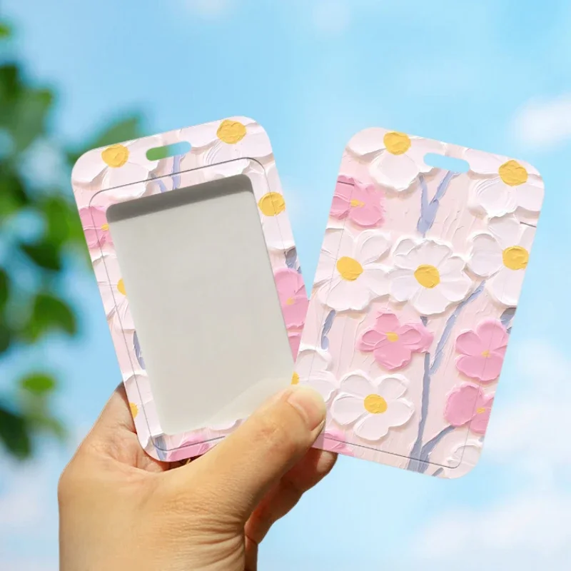 Porte-cartes à fleurs roses et blanches, adapté à la protection des cartes de bus, couverture de carte de repas, couverture d'identité d'étudiant, porte-carte photo K-pop