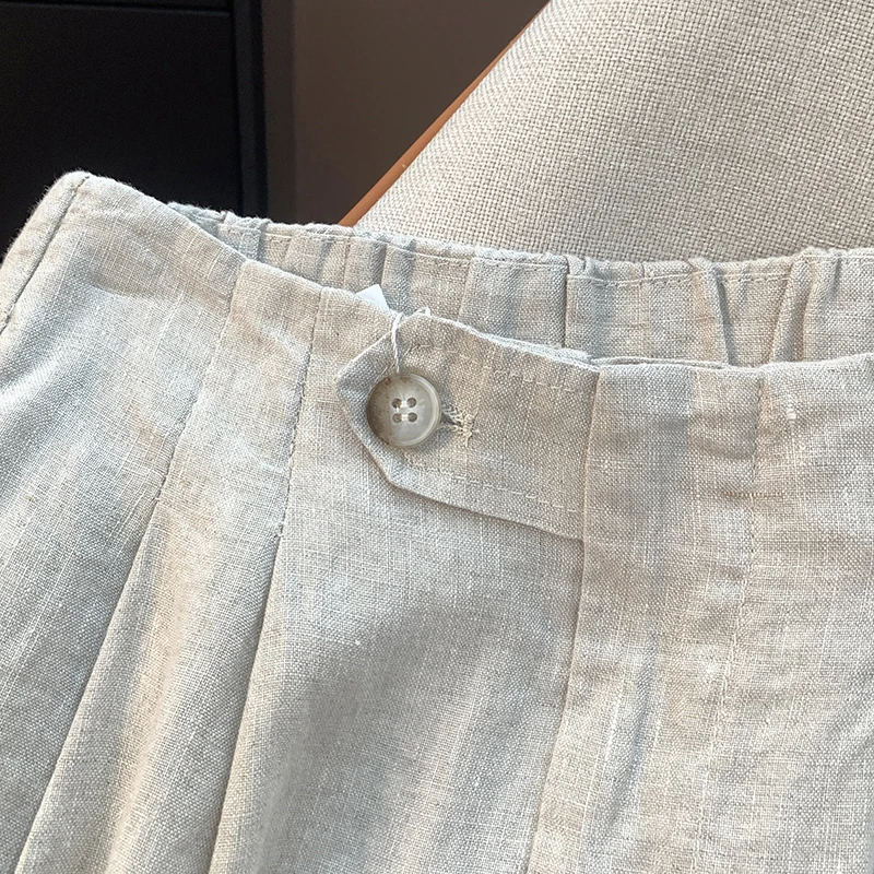 กางเกงขายาวผ้าลินินทรงตรงเอวสูงสำหรับผู้หญิง ป้องกันแสงแดด มีซิปและกระดุมเดี่ยว ทรงขาบาน