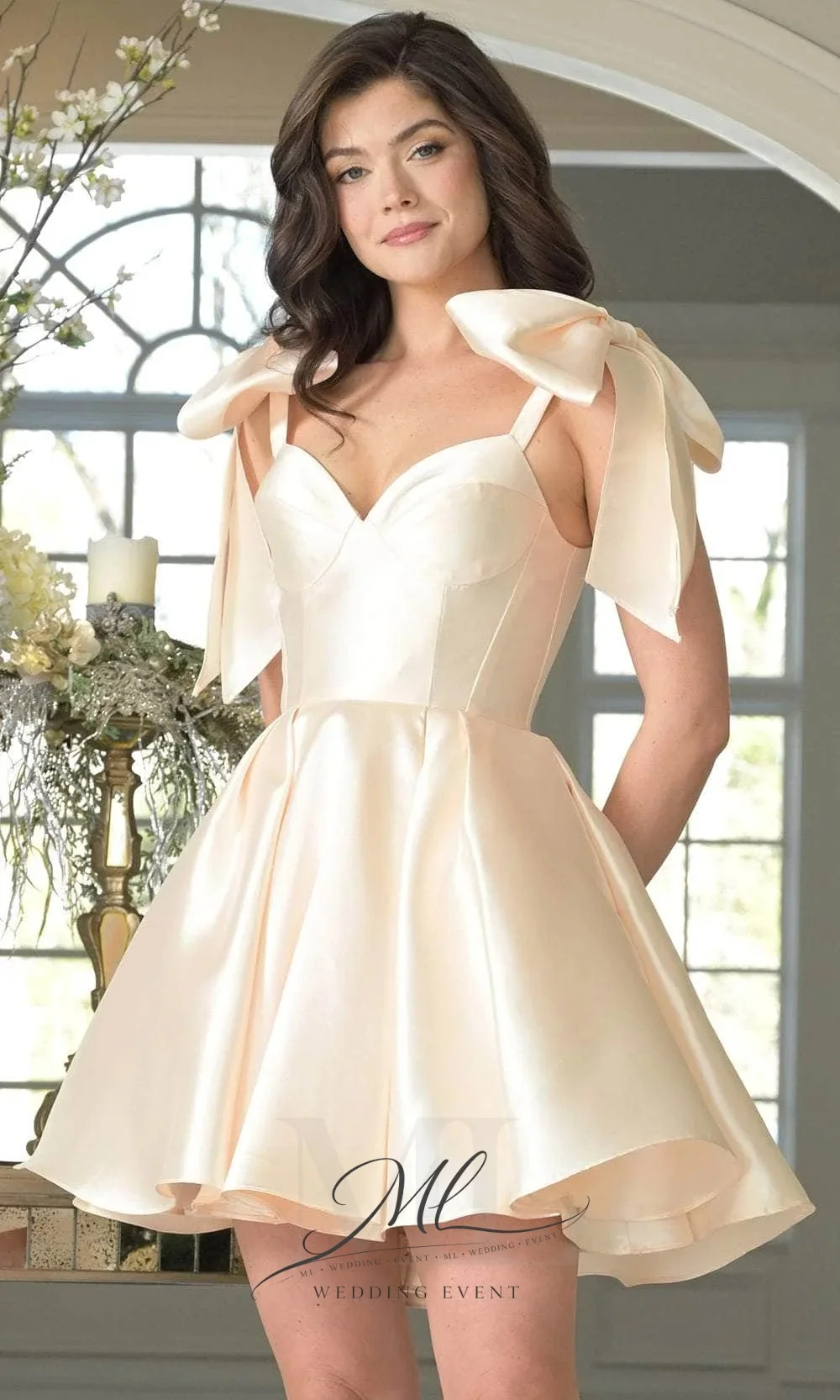 

ML Customized Satin Corset Bow Straps Wedding Dress Elegant Korea Photoshoot فستان زفاف Short Formal Abito da sposa