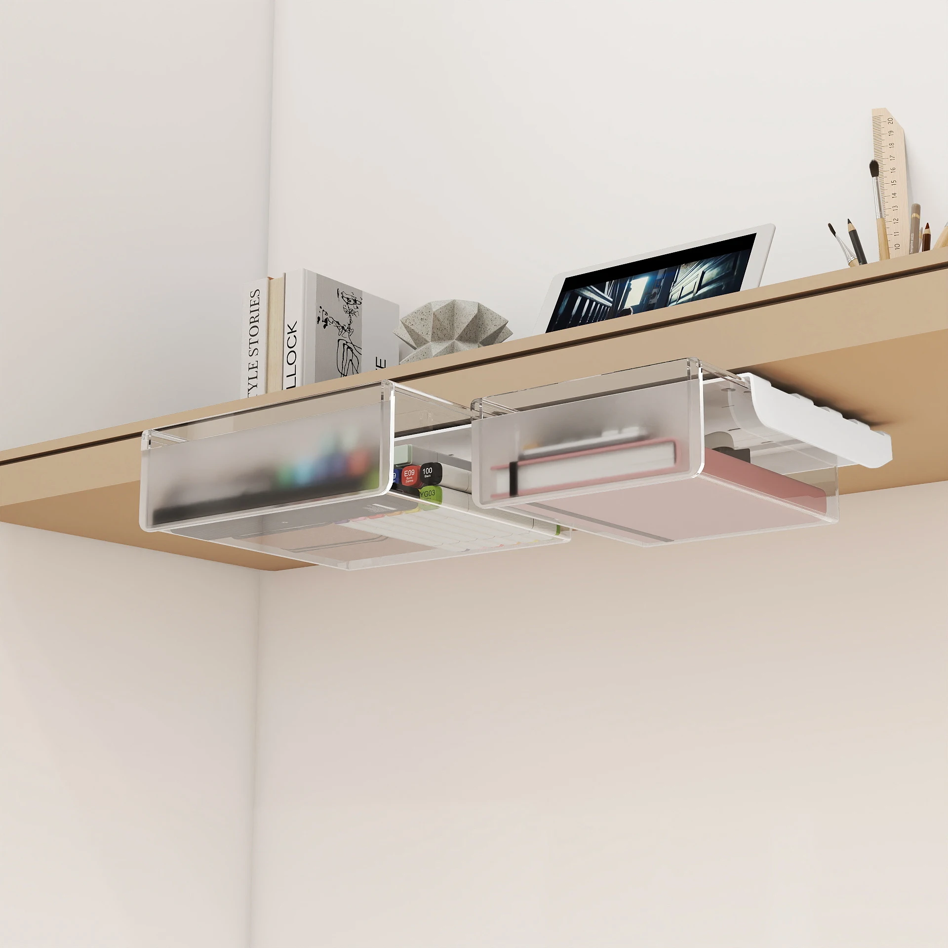 No Drill Under Desk Drawer Strong Adhesive Tape Smooth Rolling Slides for Easy Access to Pens Notes and Small Gadgets