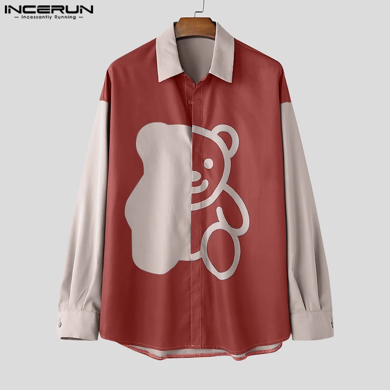 Incerun topos 2024 estilo coreano moda masculina engraçado dos desenhos animados urso impresso camisas casuais streetwear manga comprida lapela blusa S-5XL