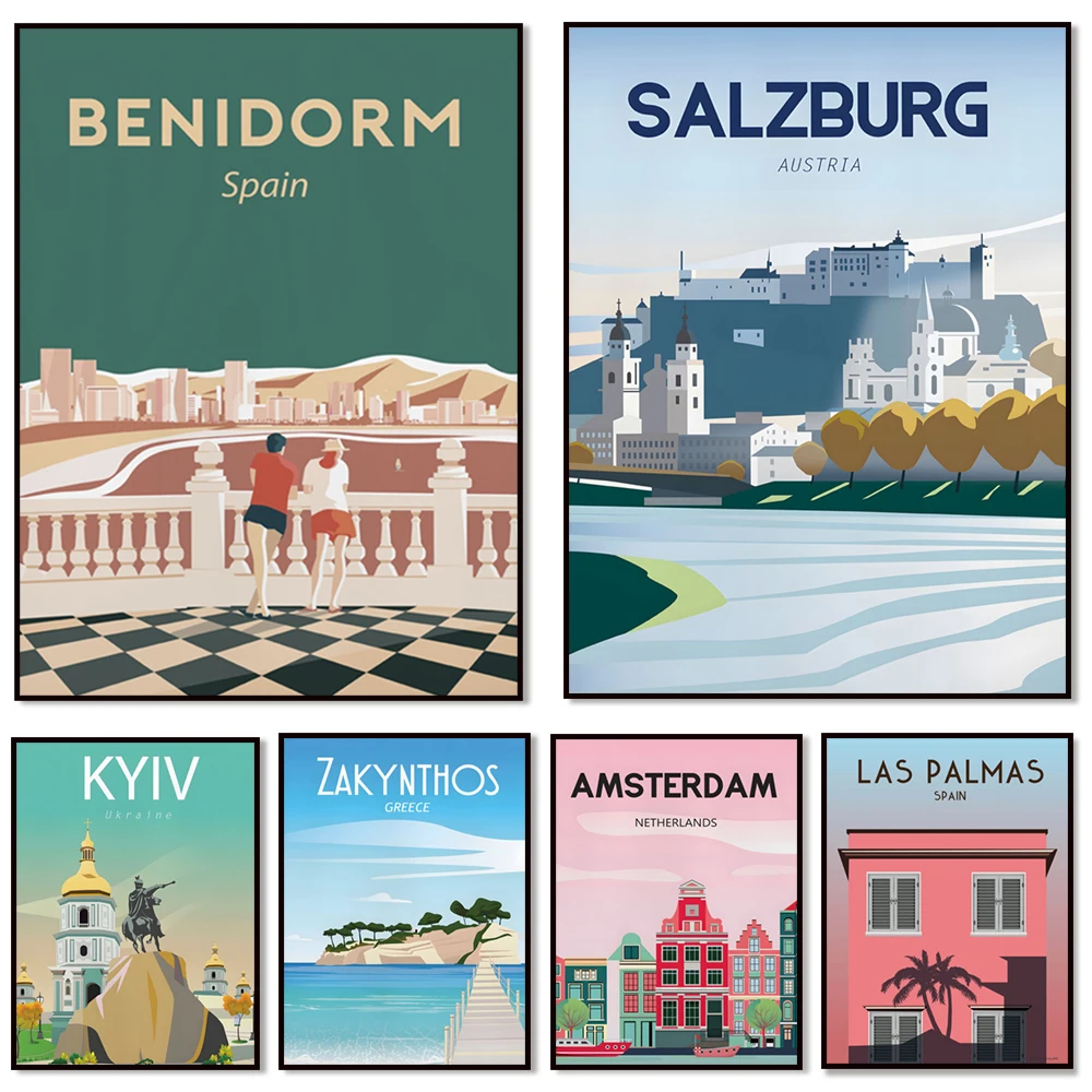 Kiev, Ukraine, Salzburg, Austria, Benidorm, Spain, Las Palmas, Capri, Amsterdam, France, Lisbon, Zakynthos Greece travel poster