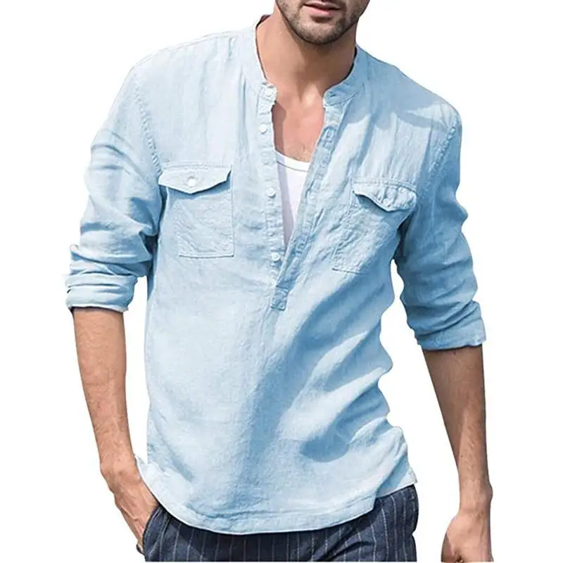 

Men's Cotton Linen Long Sve irt Stand up Collar Loose Fit Spring Autumn Thin Material Color Casual irt