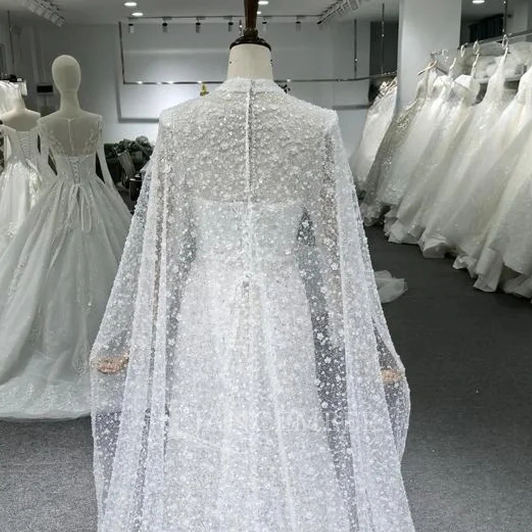 ชุดแต่งงานเจ้าสาวทรงบอลกาวน์แบบสี่เหลี่ยมผืนผ้า แขนยาว ประดับกลิตเตอร์  สำหรับผู้หญิง  แบบสั่งตัดได้