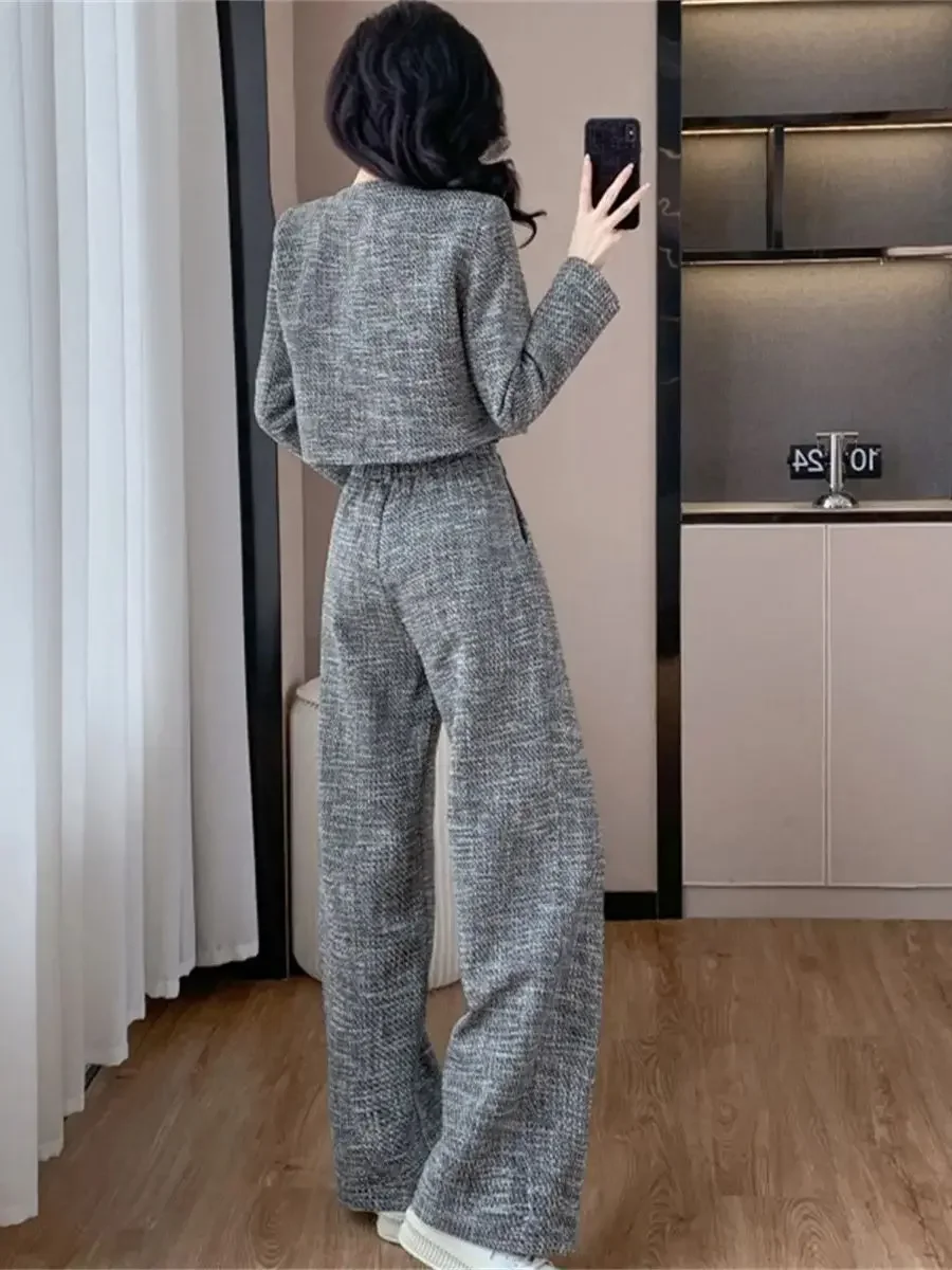 High Quality Korean Fashion Tweed Two Piece Set Women\'s Jacket Coat+ Wide Leg Pant Sets Casual 2 Piece Sets Women Outfits