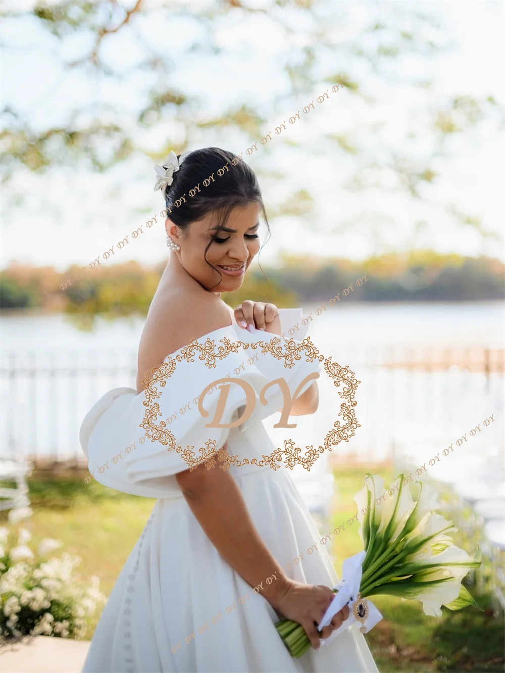 DY Elegant Off Shoulder A-Line Wedding Dress Draped Short Sleeves Bridal Gowns Customized Vestido De Noiva Sweep Tail