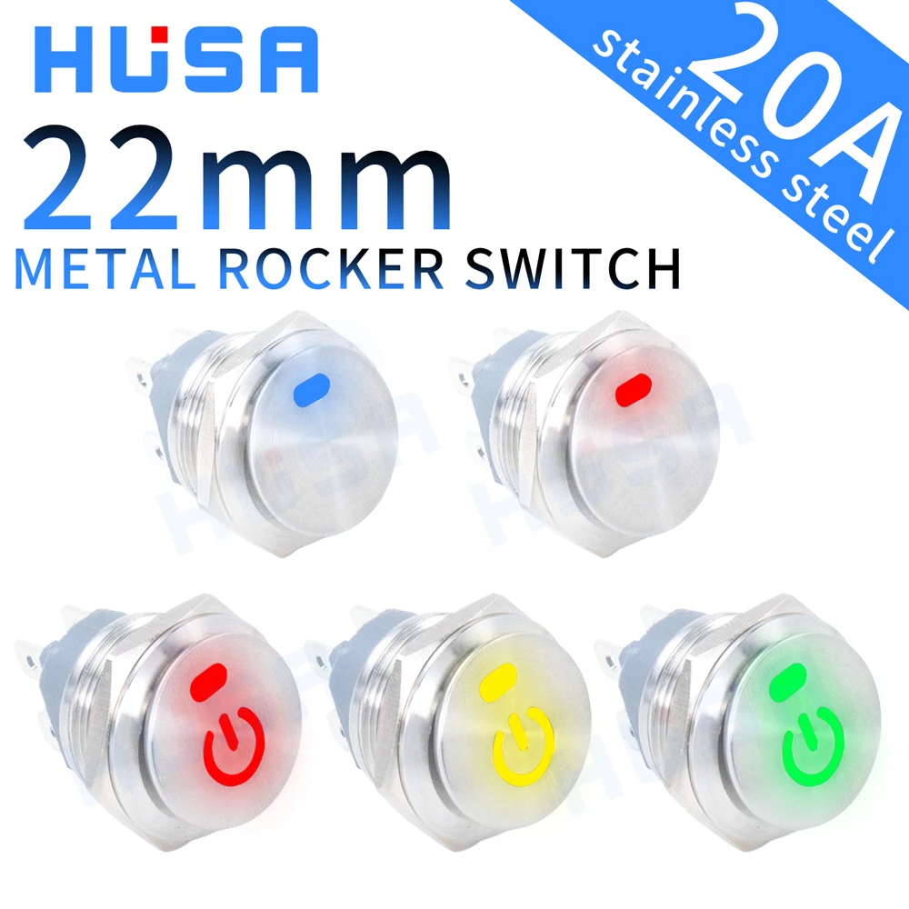 22mm Metal Button Rocker Switch Stainless Steel 12V 20A Self-locking Two Positions Car Toggle Switches ON-OFF
