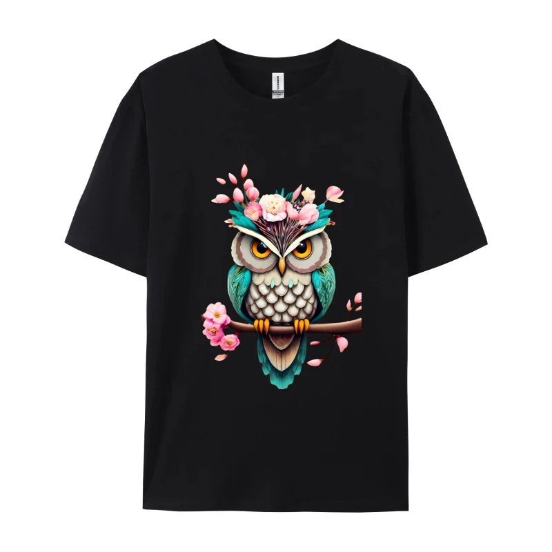 Cartoon Owl bird Floral Nature T-shirts Oversized Combed Cotton Round Collar Men's Mens Clothing Plus Size