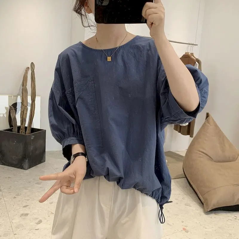 100% Cotton T Shirts Women Big Pocket Niche Design T-shirt Casual Loose Half Sleeve Blouse Summer Trend Thin Tshirt Y2k Clothes