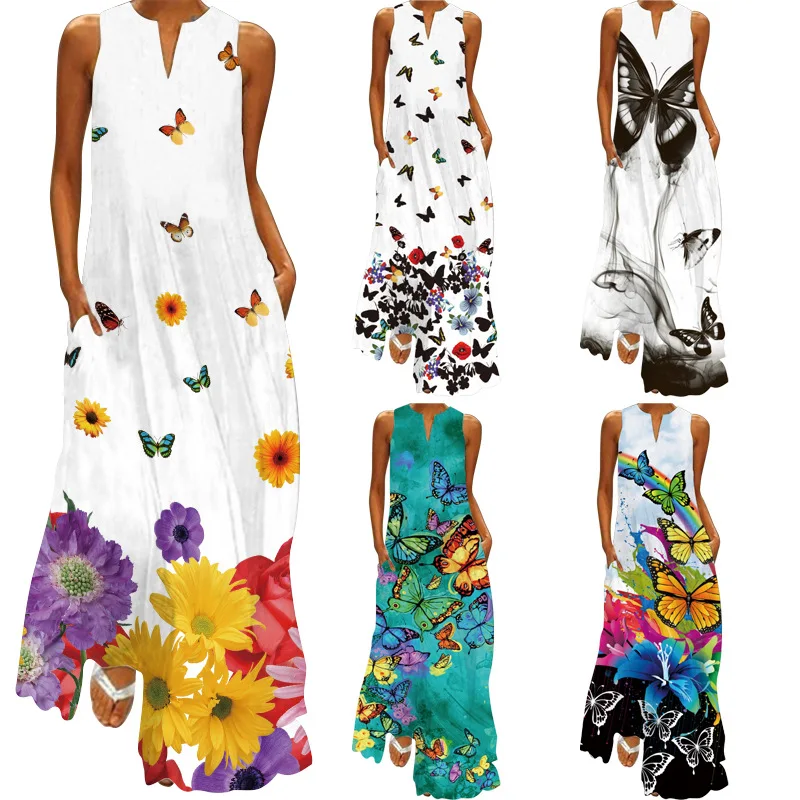 

2025Hot Summer Women's Fashion Digital PrintingVCollar Sleeveless Dress Pocket European and American Style DressS-5XL
