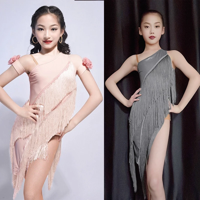 Slanted Shoulder Full Fringed Latin Dance Dress Girls Chacha Latin Dance Performance Clothing Kids Dancing Costumes SL10750