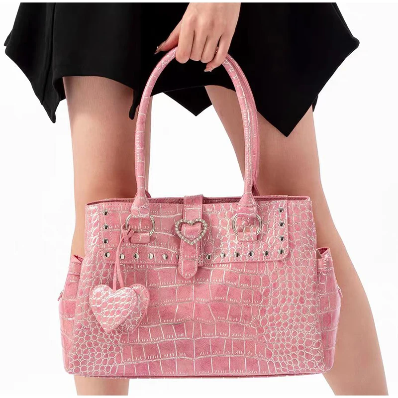 Umhängetasche mit Krokodilmuster und Prägung, Damenhandtasche mit großem Fassungsvermögen, Designer-Aktentasche, Y2k-Mädchen-Pendlermode-Handtasche, Rosa – Detail 14