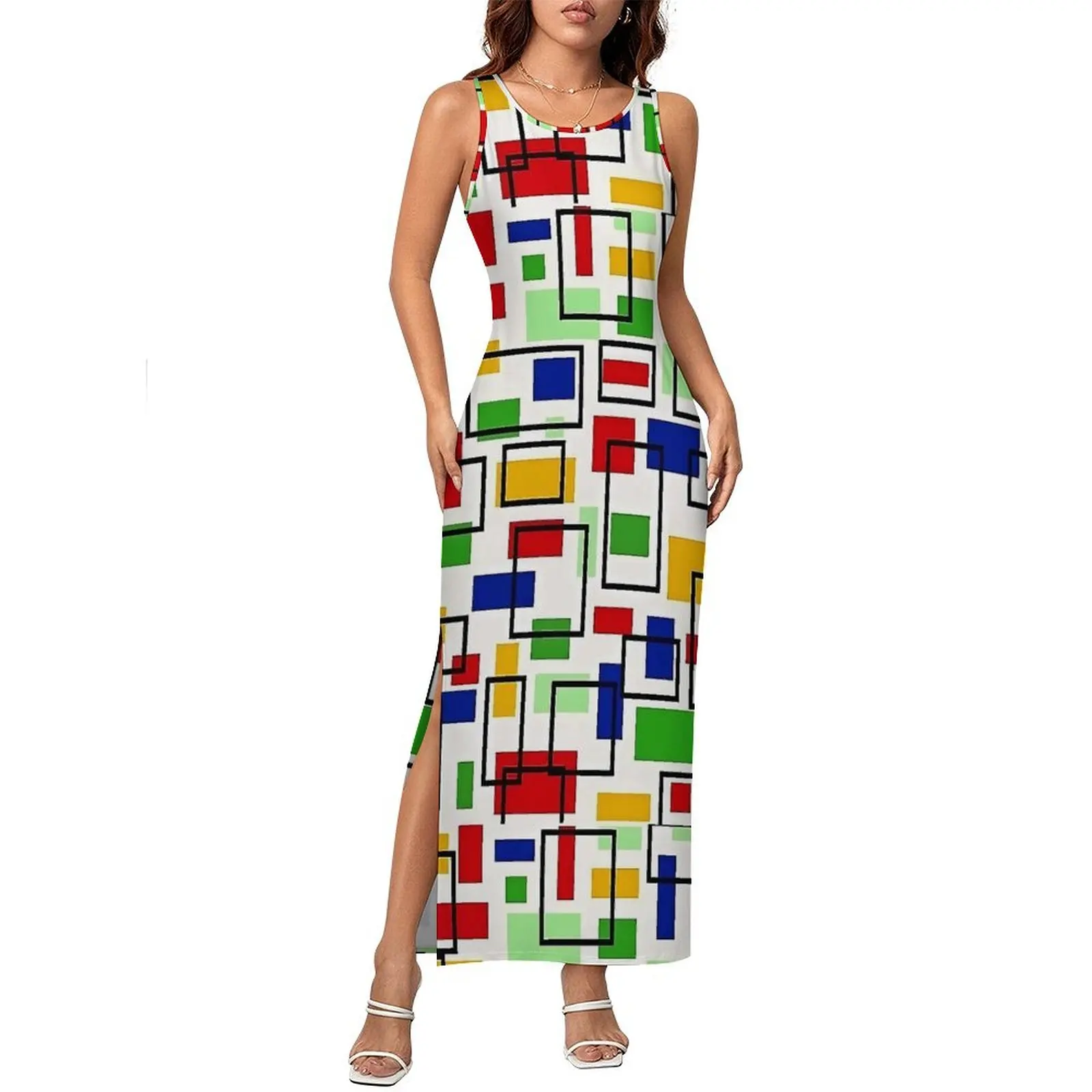 Kolorowa sukienka bodycon z nadrukiem Mondriana, wiosenna sukienka maxi w stylu vintage, damska sukienka bez rękawów z grafiką streetwear, duży rozmiar 3XL 4XL