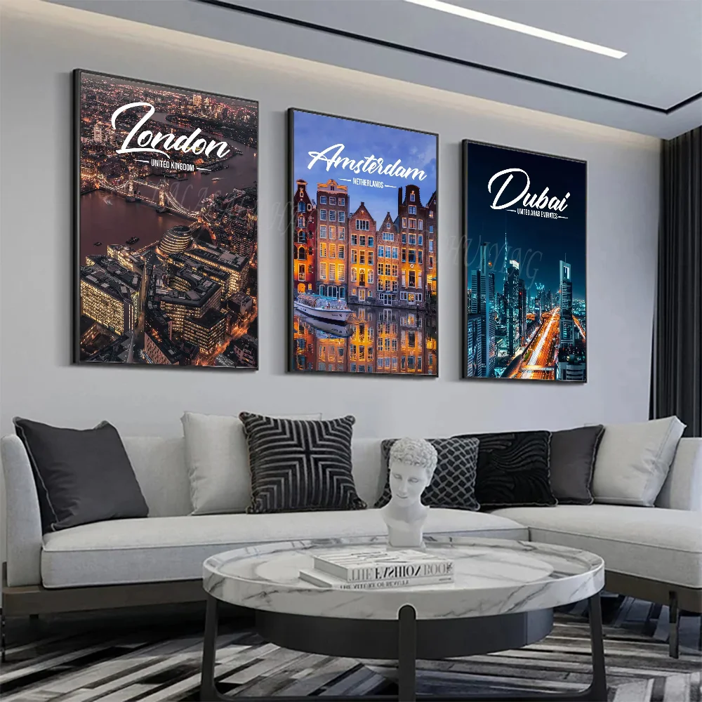 Famous Travel CitiesKuala Lumpur_Dubai_Amsterdam_Lisbon_ Poster HD Posters Home Room Bar Cafe Decor Art Wall Painting Picture