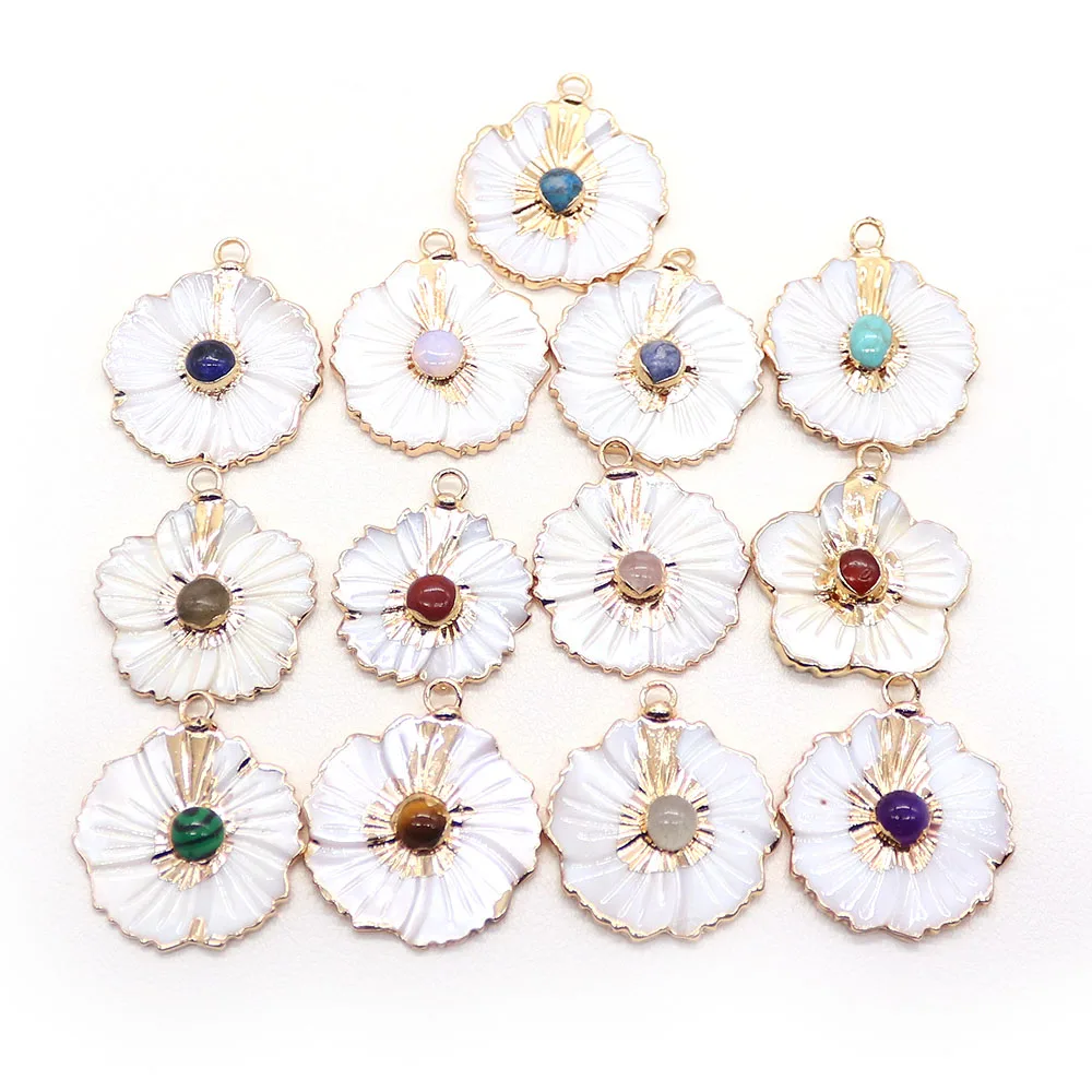 Flower‑Shaped Natural Stone Pendant White Shell Petal Gemstone Center with Hole Elegant Delicate Floral Jewelry Charm for DIY