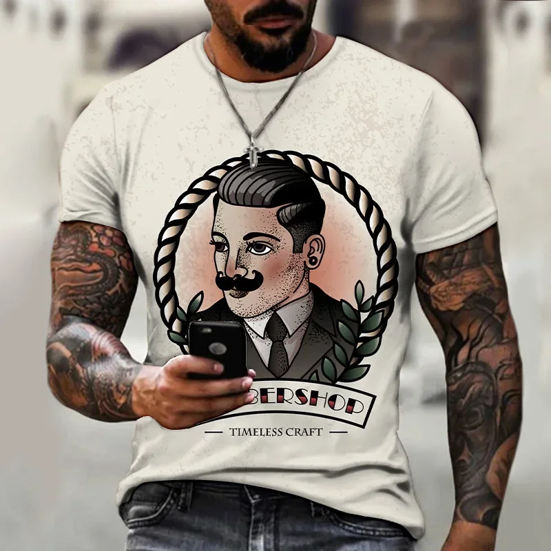 Vintage T-shirt For Men Handdrawn Barber Shop Logo  Graphic Printed T-Shirts Short sleeved Tee Oversized Men Clothing Top Summer