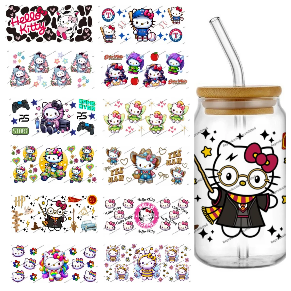 Lindo Hello Kitty Cosplay UV DTF 16oz pegatinas calcomanías para Libbey vidrio lata taza café DIY regalo Kawaii Popular
