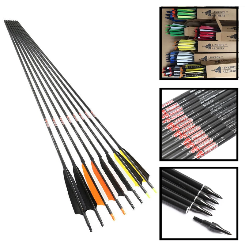 

12 шт., карбоновые стрелы для стрельбы из лука, позвоночник, 340 30 дюймов, лопасти для стрел, 100 г, насадки для блочного лука, традиционный лук для охоты