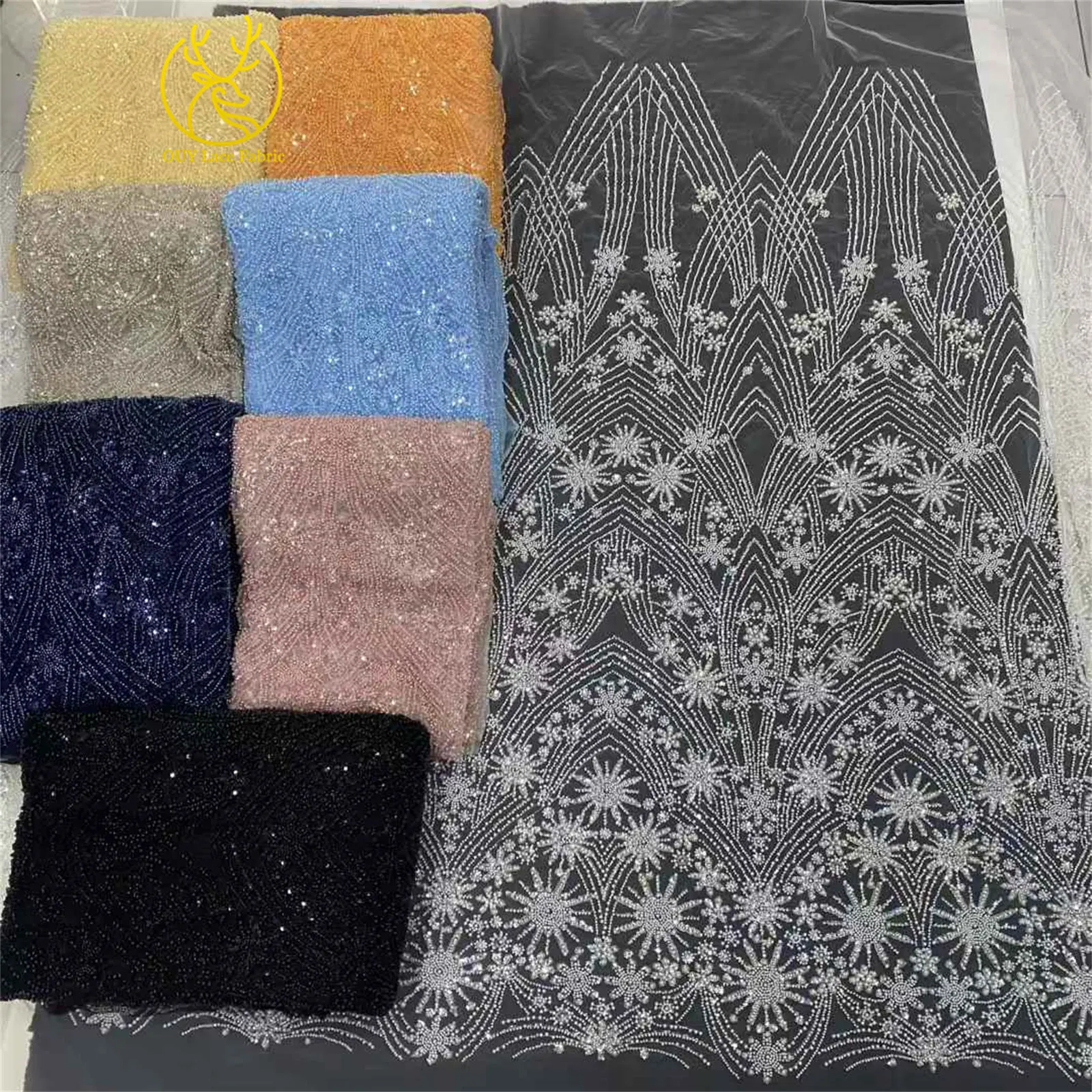 اللؤلؤ الأفريقي الترتر تول التطريز العريس أقمشة الدانتيل الفاخرة الفرنسية الترتر أقمشة الدانتيل النيجيري المرأة فستان الزفاف الخياطة